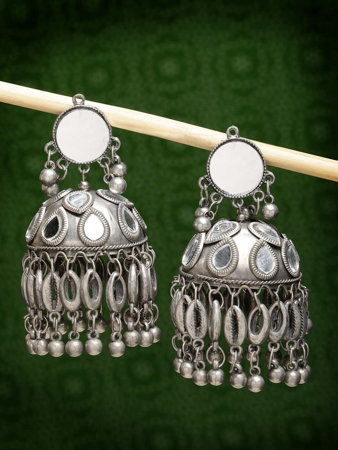 NVR Women's Silver Plated Mirror Work Oxidised Contemporary Jhumka Earrings - Distacart