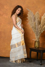 Thumbnail for Very Much Indian Handloom Pure Cotton Linen Saree With Golden Border - White - Distacart