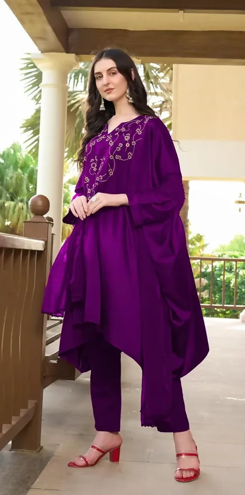 Nikhaar Purple Embroidered Satin Asymmetrical Readymade Pakistani Suit