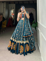 Thumbnail for Vastranavya Navaratri Special Pure Rayon Printed With Foil Work And Gamthi Patch Work With Lace Touch Up Lehenga with Stitched Blouse - Teal - Distacart