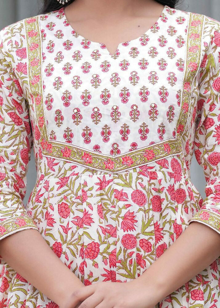 Jaimini Women Cotton Printed Round Neck Calf Length Flared Kurta Pant And Dupatta Set - Dista