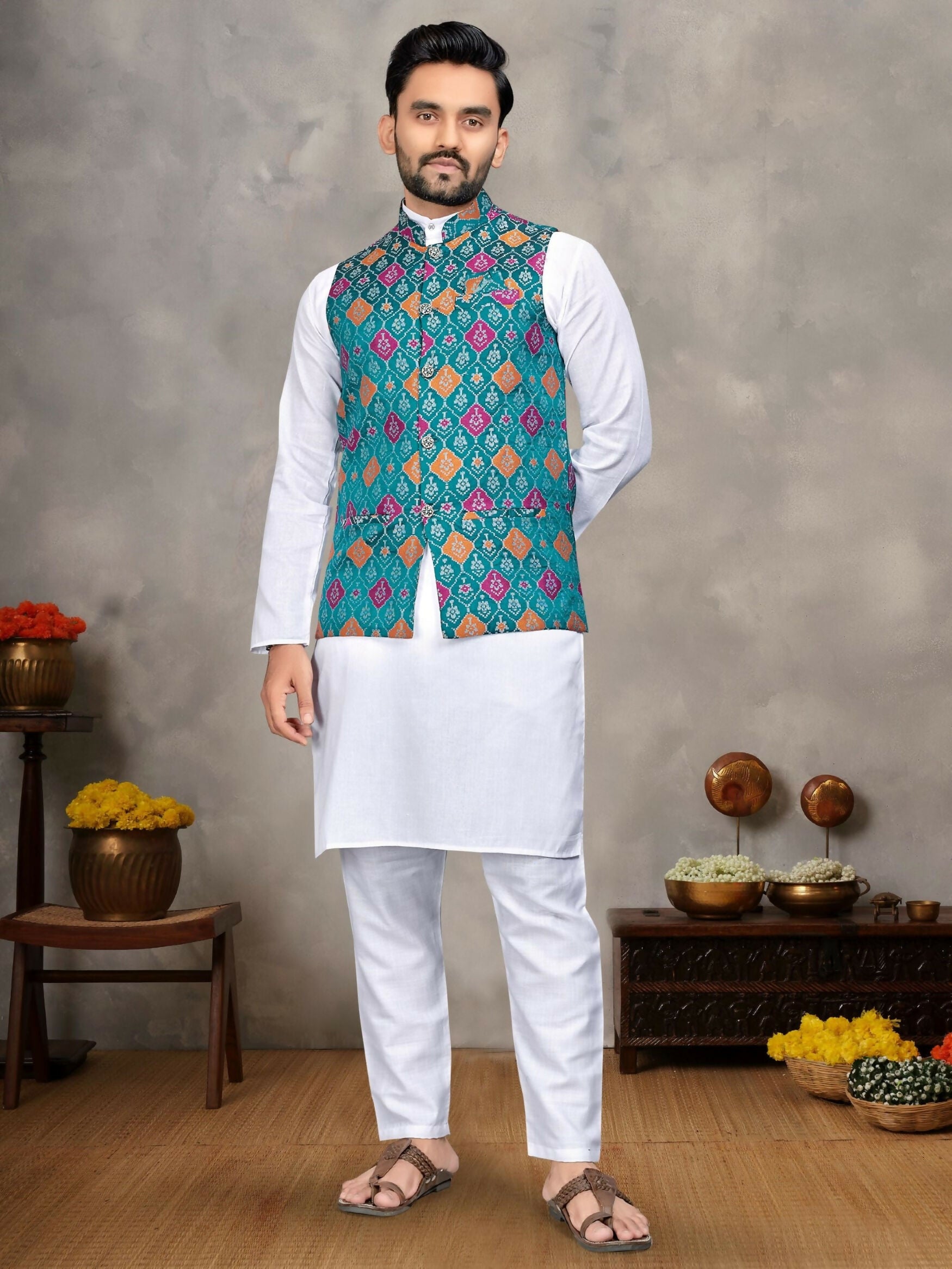 Anaita Blue Cotton Straight Kurta Pajama & Kurta With Jequard Work - Distacart