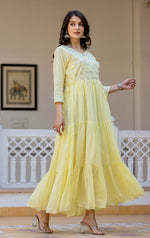 Thumbnail for Kaajh Women's Yellow Embroidered Ethnic Dress - Distacart