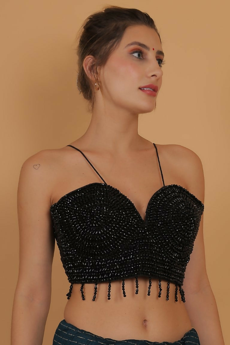 Joban Fashion Silk Pearl And Beads Hand Embroidery Padded Blouse - Black