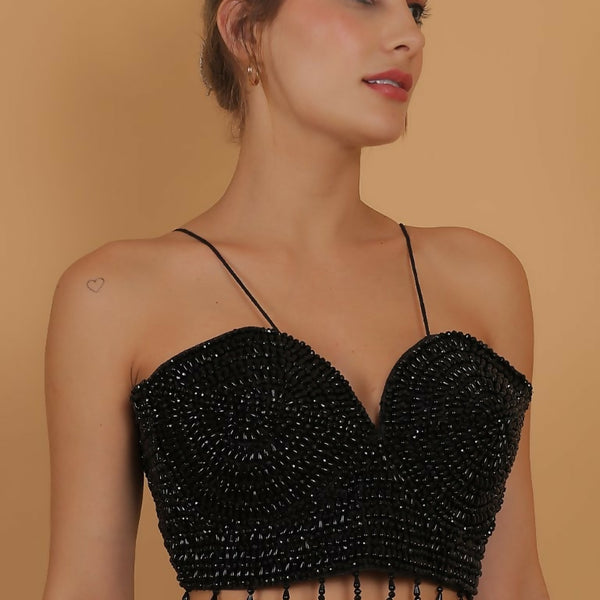 Joban Fashion Silk Pearl And Beads Hand Embroidery Padded Blouse - Black