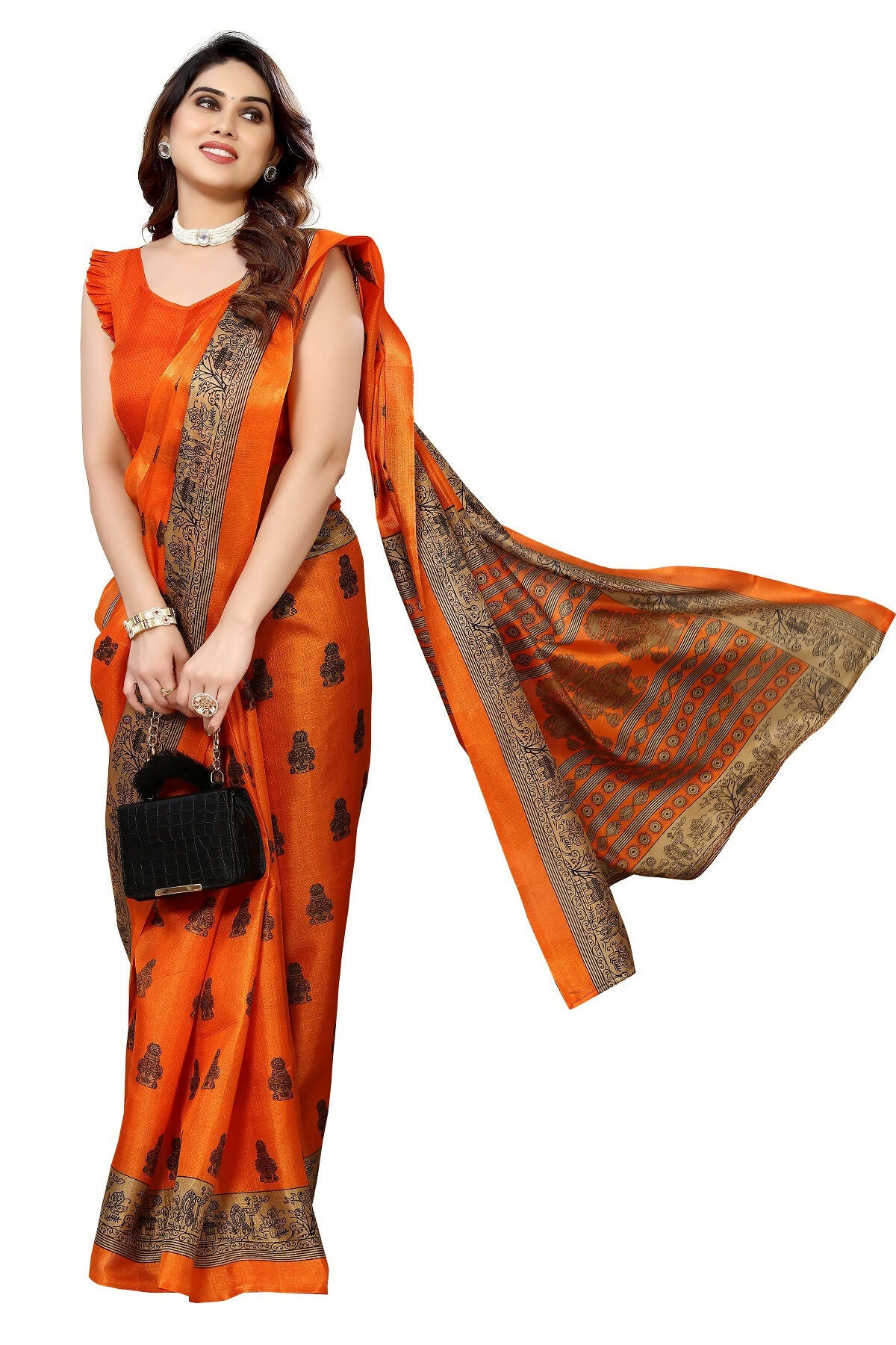 Vamika Orange Printed Art Silk Saree - Distacart