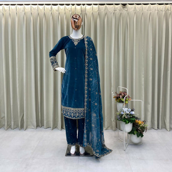 Vastranavya Blue Velvet Sequence Embroidery Work Kurta & Bottom With Dupatta