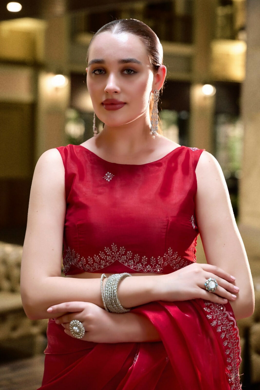 Vastranavya Red Embroidery Work Shimmer Chiffon Saree with Unstitched Blouse