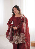 Thumbnail for Teeya Creation Maroon Color Fendy Satin Silk Embroidery Work Party Wear Salwar Suit - Distacart