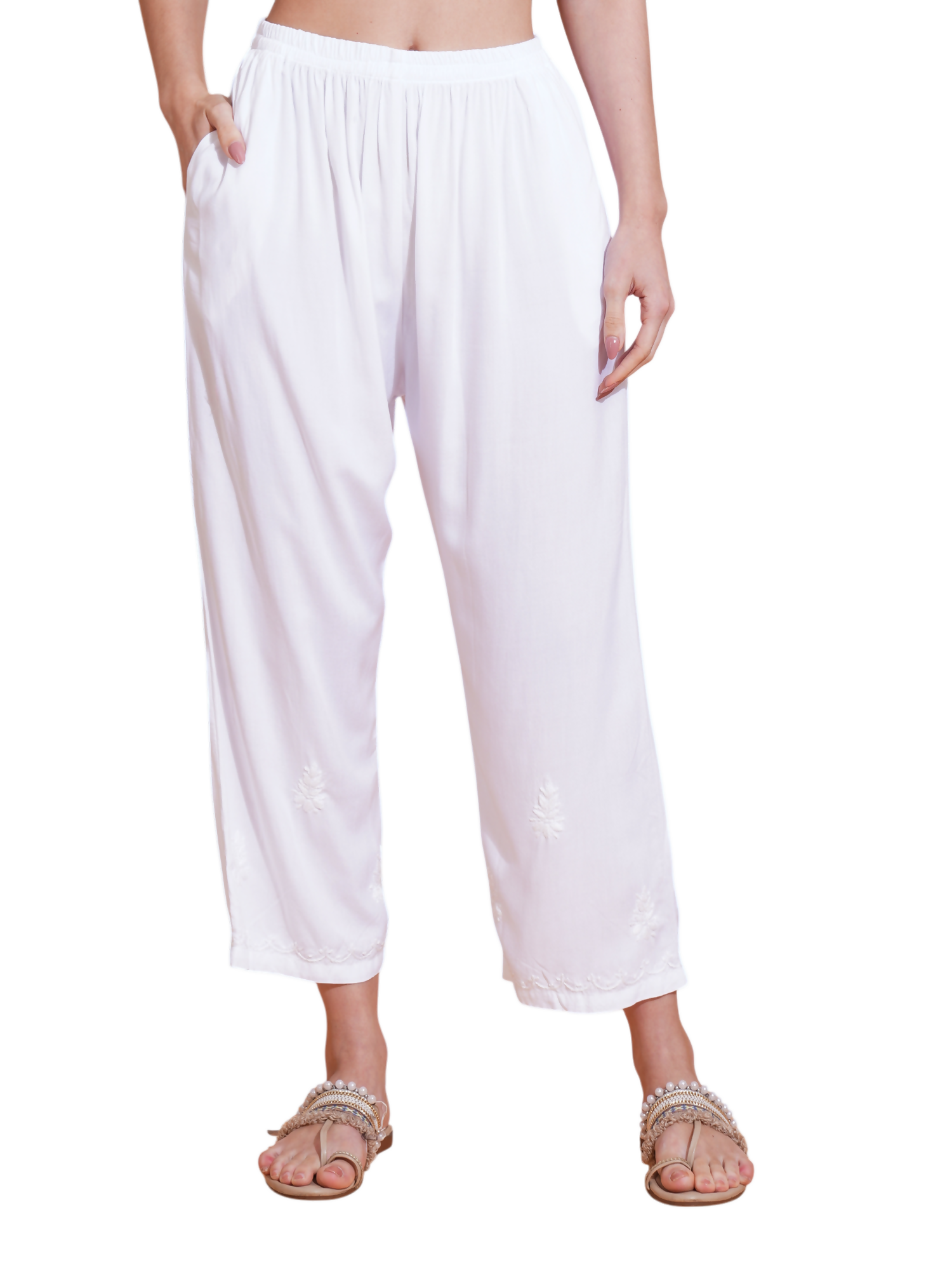 Pahnaz Luxury Rayon Chikankari Handwork Palazzo-White - Dista
