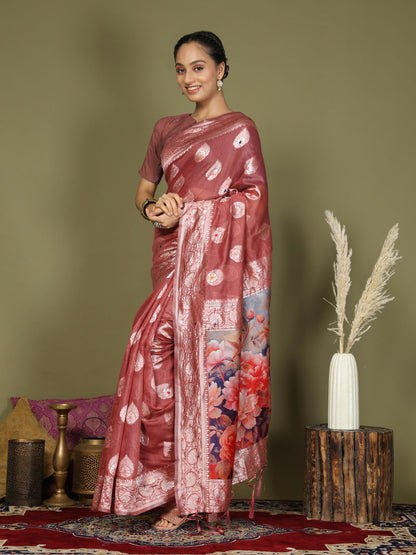 Shree Shyam Fashion Linen Cotton Rust Saree - Distacart