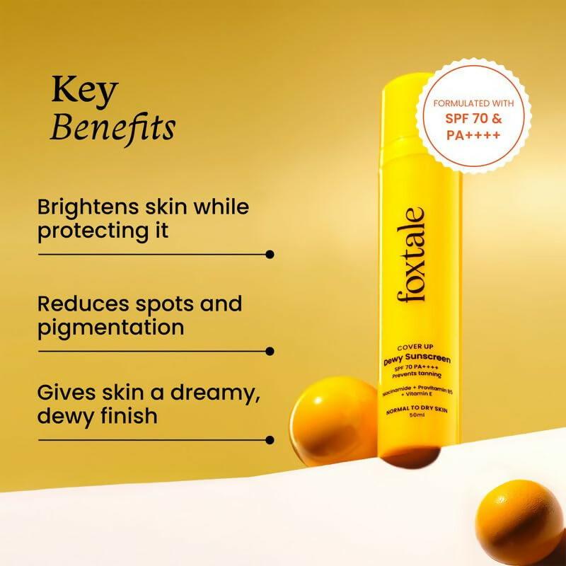 Foxtale Dewy Sunscreen SPF 70 PA++++ With Niacinamide + Provitamin B5 + Vitamin E - Anti-Tan Formula & Spot Depigmentation - Distacart