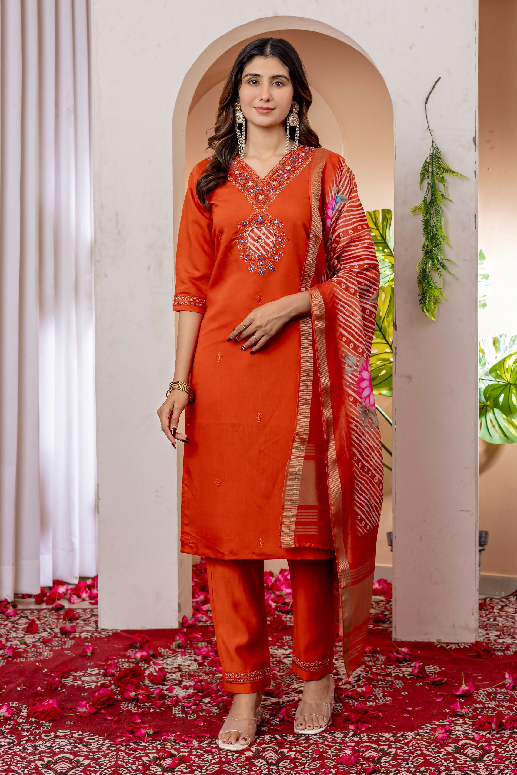 Teeya Creation Womens Orange Embroidered Kurta Pant Set - Dista