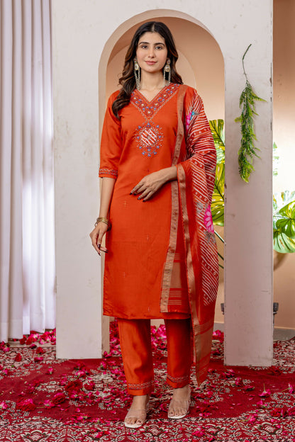 Teeya Creation Womens Orange Embroidered Kurta Pant Set - Dista