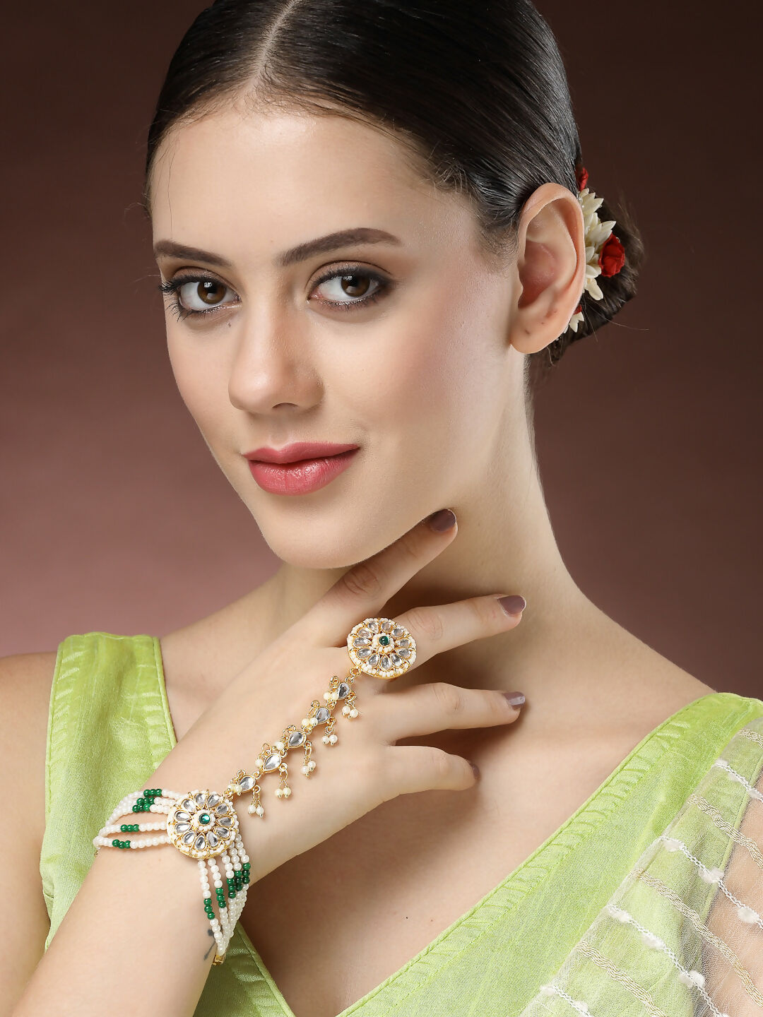 NVR Women's Green Gold-Polished Stone Studded Handcrafted Ring Bracelet - Distacart