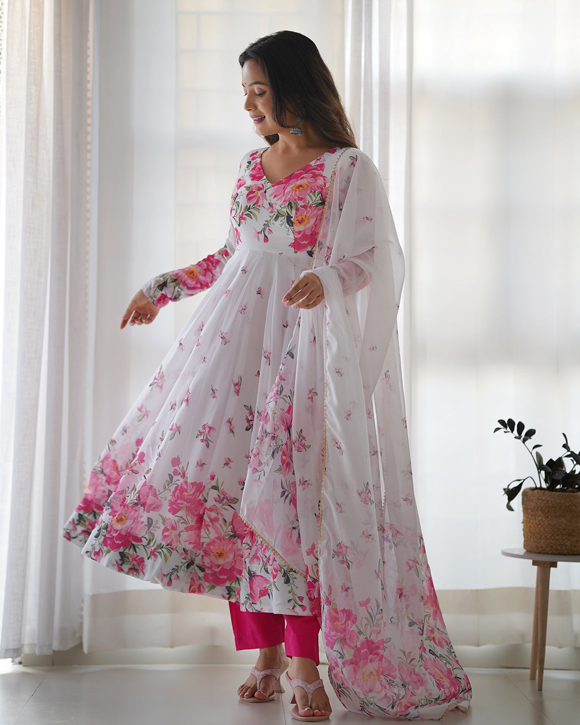Lorenvalley Fashion Women Pure Soft Organza Silk Floral Print Fully Flair Anarkali With Pent Dupatta Set - White - Distacart