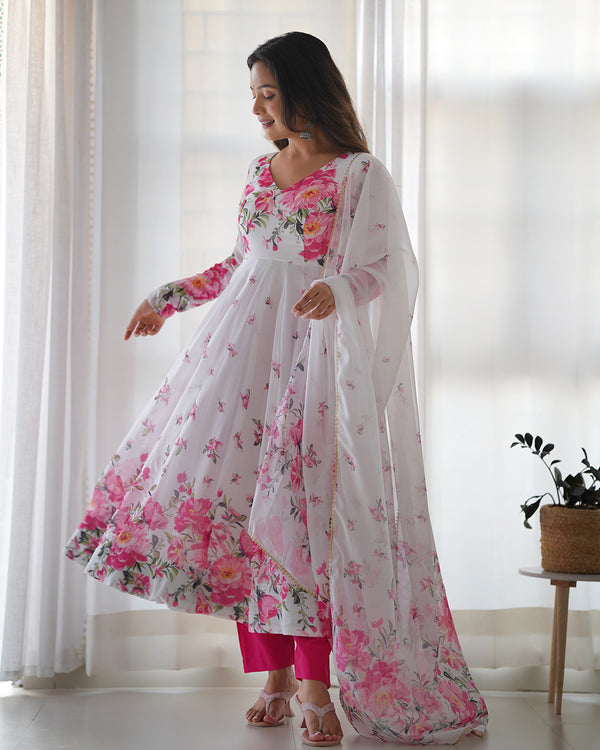 Lorenvalley Fashion Women Pure Soft Organza Silk Floral Print Fully Flair Anarkali With Pent Dupatta Set - White - Distacart