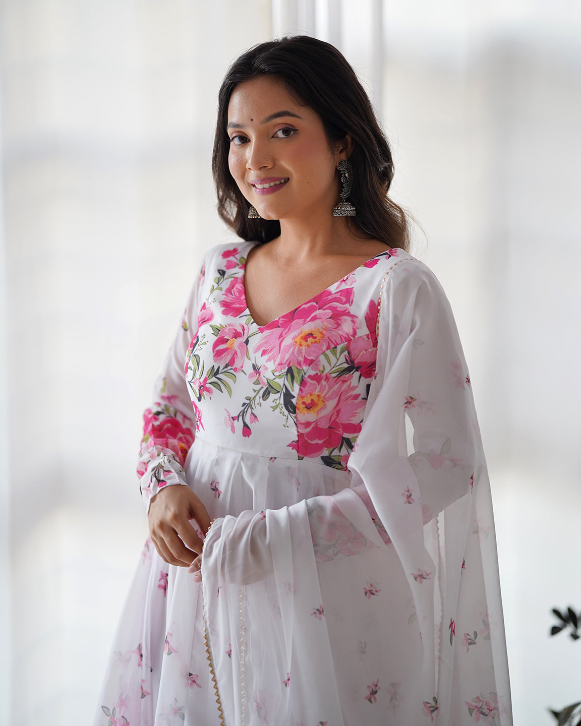 Lorenvalley Fashion Women Pure Soft Organza Silk Floral Print Fully Flair Anarkali With Pent Dupatta Set - White - Distacart