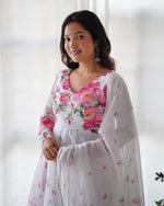 Thumbnail for Lorenvalley Fashion Women Pure Soft Organza Silk Floral Print Fully Flair Anarkali With Pent Dupatta Set - White - Distacart