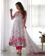 Thumbnail for Lorenvalley Fashion Women Pure Soft Organza Silk Floral Print Fully Flair Anarkali With Pent Dupatta Set - White - Distacart