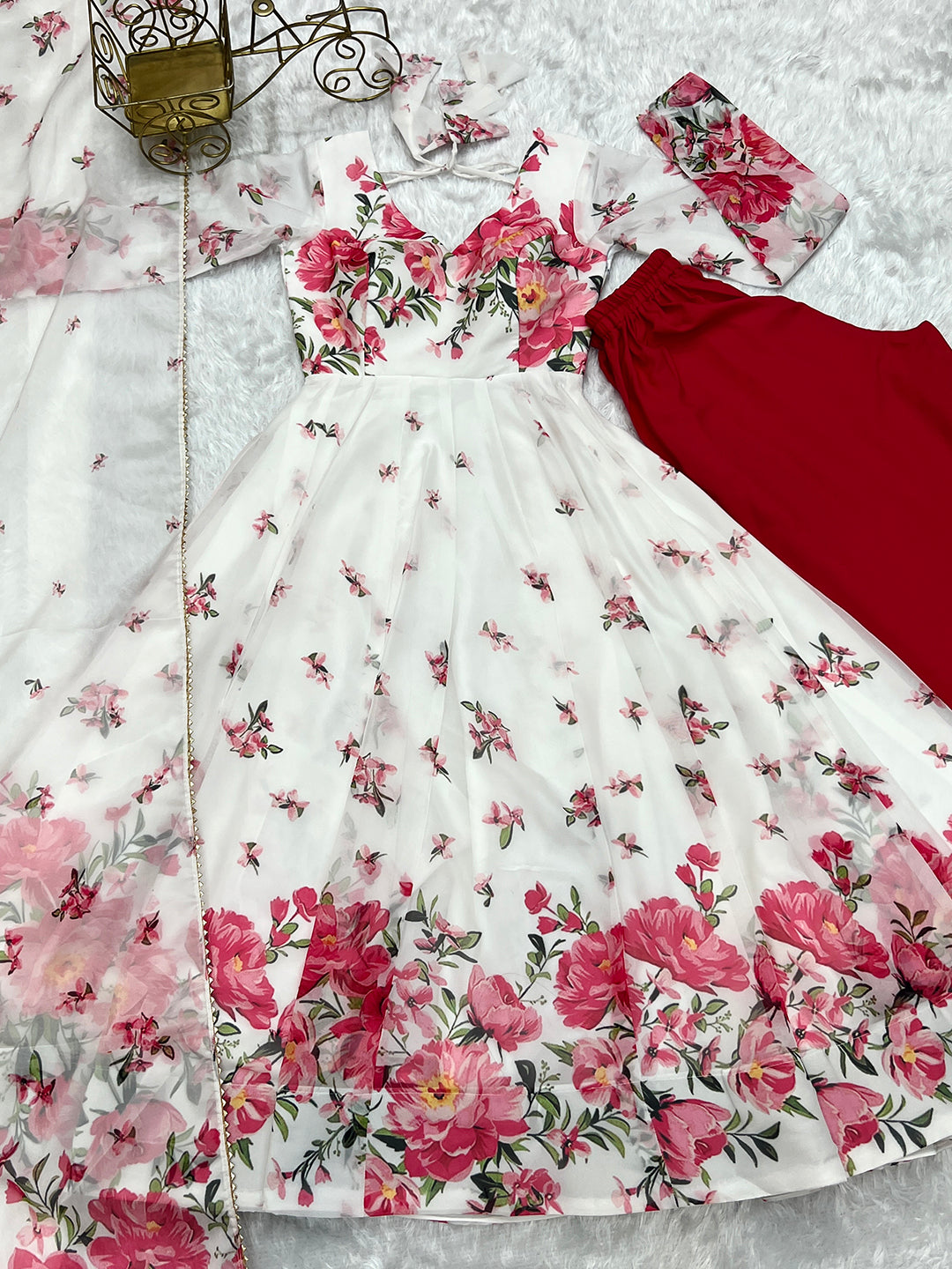 Lorenvalley Fashion Women Pure Soft Organza Silk Floral Print Fully Flair Anarkali With Pent Dupatta Set - White - Distacart