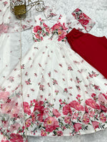 Thumbnail for Lorenvalley Fashion Women Pure Soft Organza Silk Floral Print Fully Flair Anarkali With Pent Dupatta Set - White - Distacart