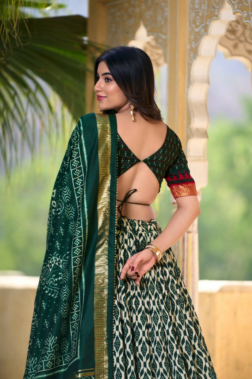 Vastranavya Designer Ikkat Print With Foil Work Lehenga Choli - Green - Distacart
