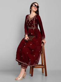 Thumbnail for NOZ2TOZ Women's Party Wear Embroidery Worked Kurta With Pant And Duppata Set - Maroon - Distacart