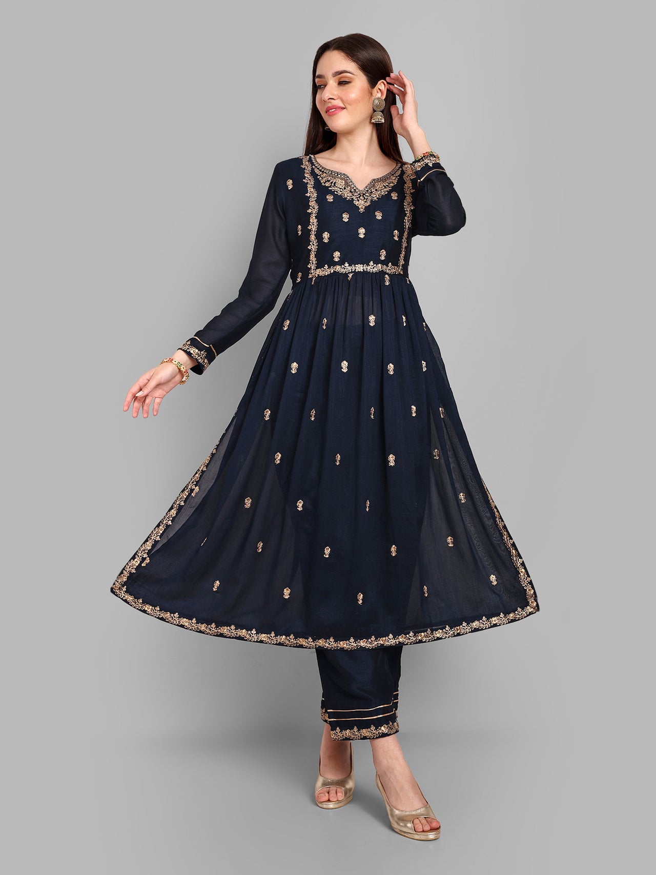 NOZ2TOZ Women's Party Wear Embroidery Worked Kurta With Pant And Duppata Set - Navy Blue - Distacart