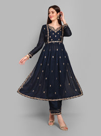 Thumbnail for NOZ2TOZ Women's Party Wear Embroidery Worked Kurta With Pant And Duppata Set - Navy Blue - Distacart