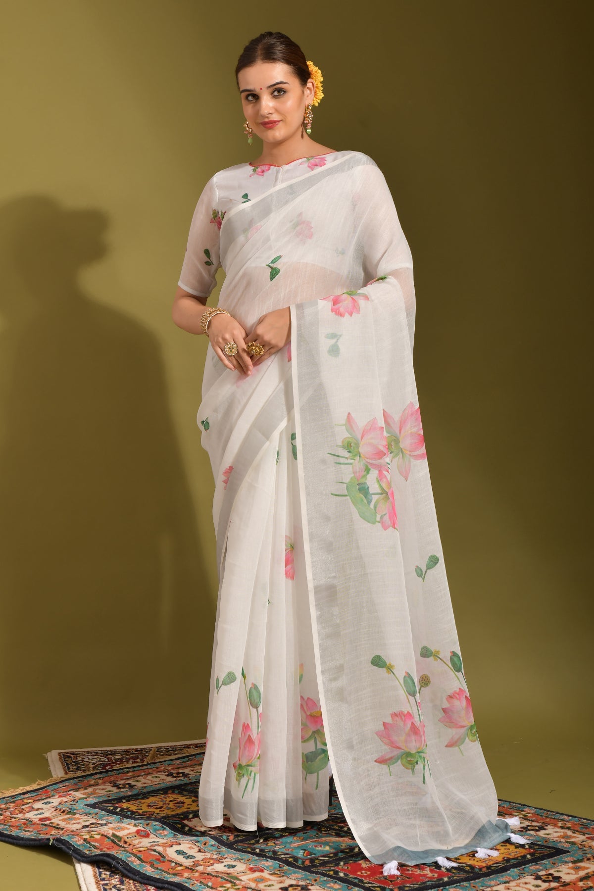 Buy NOZ2TOZ Women Party Wear Printed Linen Saree with Unstitched Blouse Off White Online at Best Price Distacart
