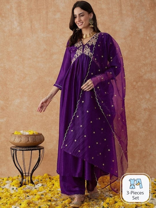 NOZ2TOZ Party Wear Embroidery Worked Kurta With Pant And Dupatta Set - Wine - Distacart