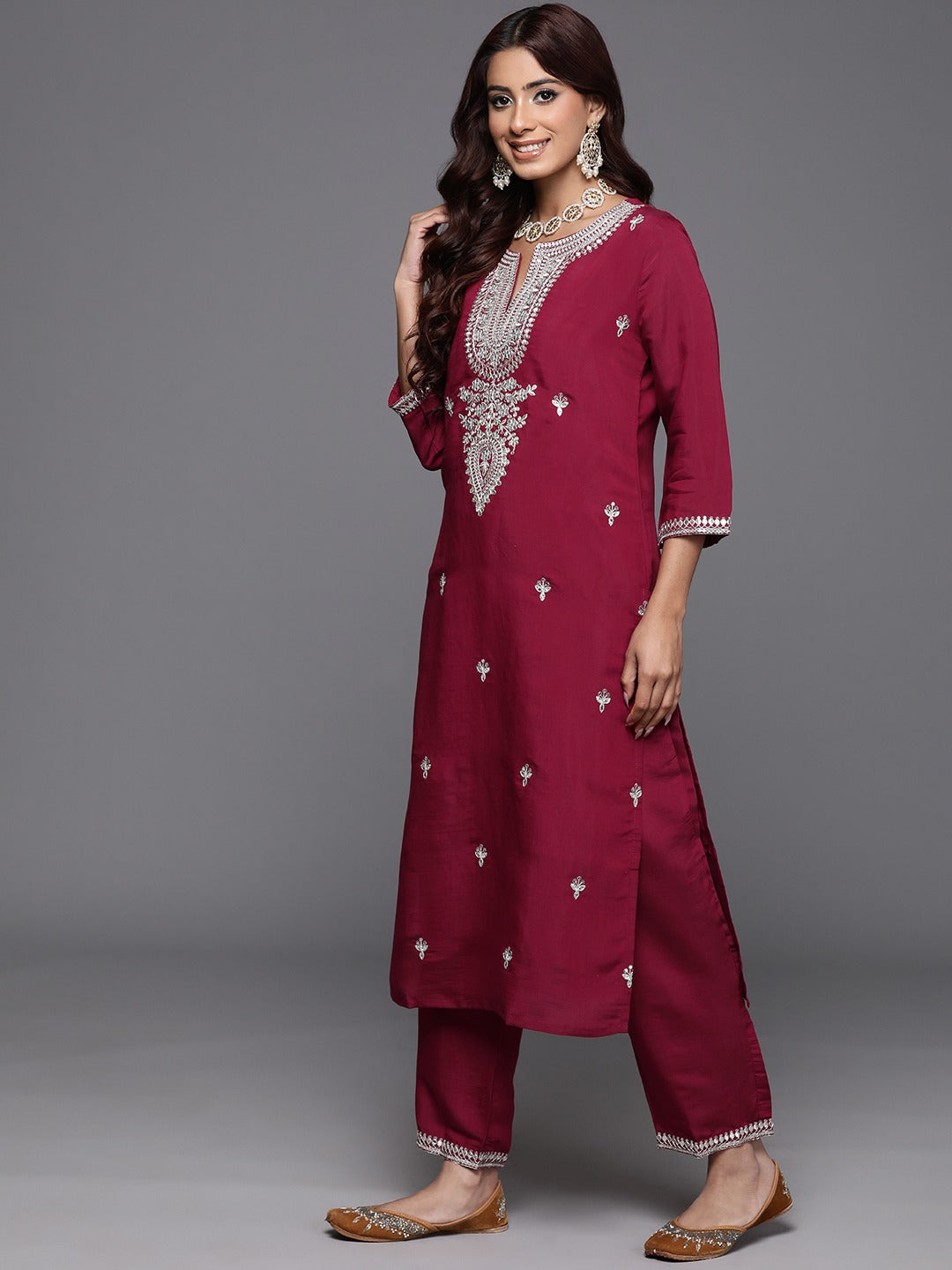 NOZ2TOZ Women's Party Wear Embroidery Worked Kurta With Pant And Duppata Set - Maroon - Distacart
