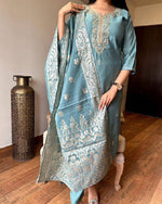 Thumbnail for Lyush Women Party Wear Embroidery Worked Kurta With Pant And Duppata Set - Teal - Distacart