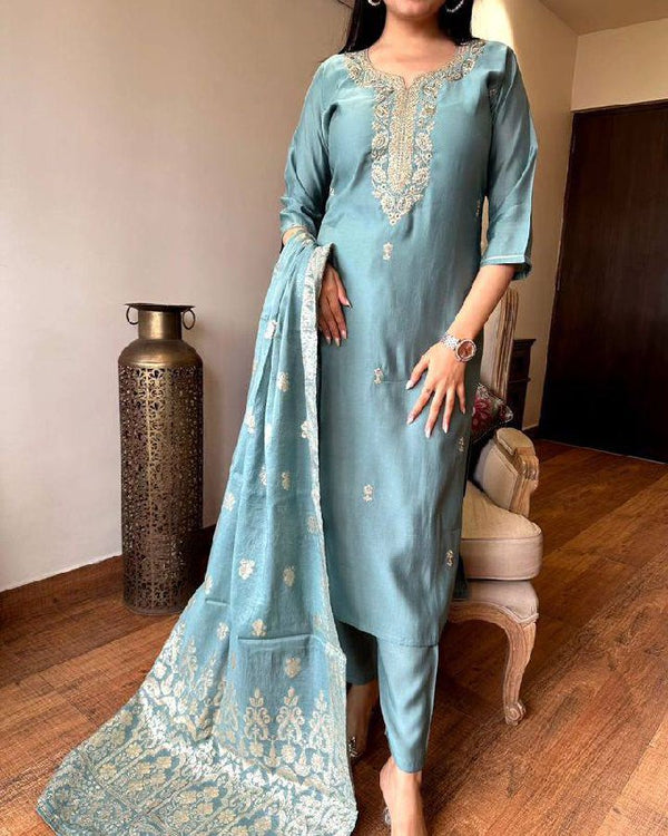Lyush Women Party Wear Embroidery Worked Kurta With Pant And Duppata Set - Teal - Distacart