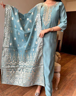 Thumbnail for Lyush Women Party Wear Embroidery Worked Kurta With Pant And Duppata Set - Teal - Distacart