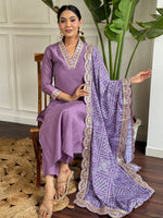 Thumbnail for Lyush Women Party Wear Embroidery Worked Kurta With Pant And Duppata Set - Violet - Distacart