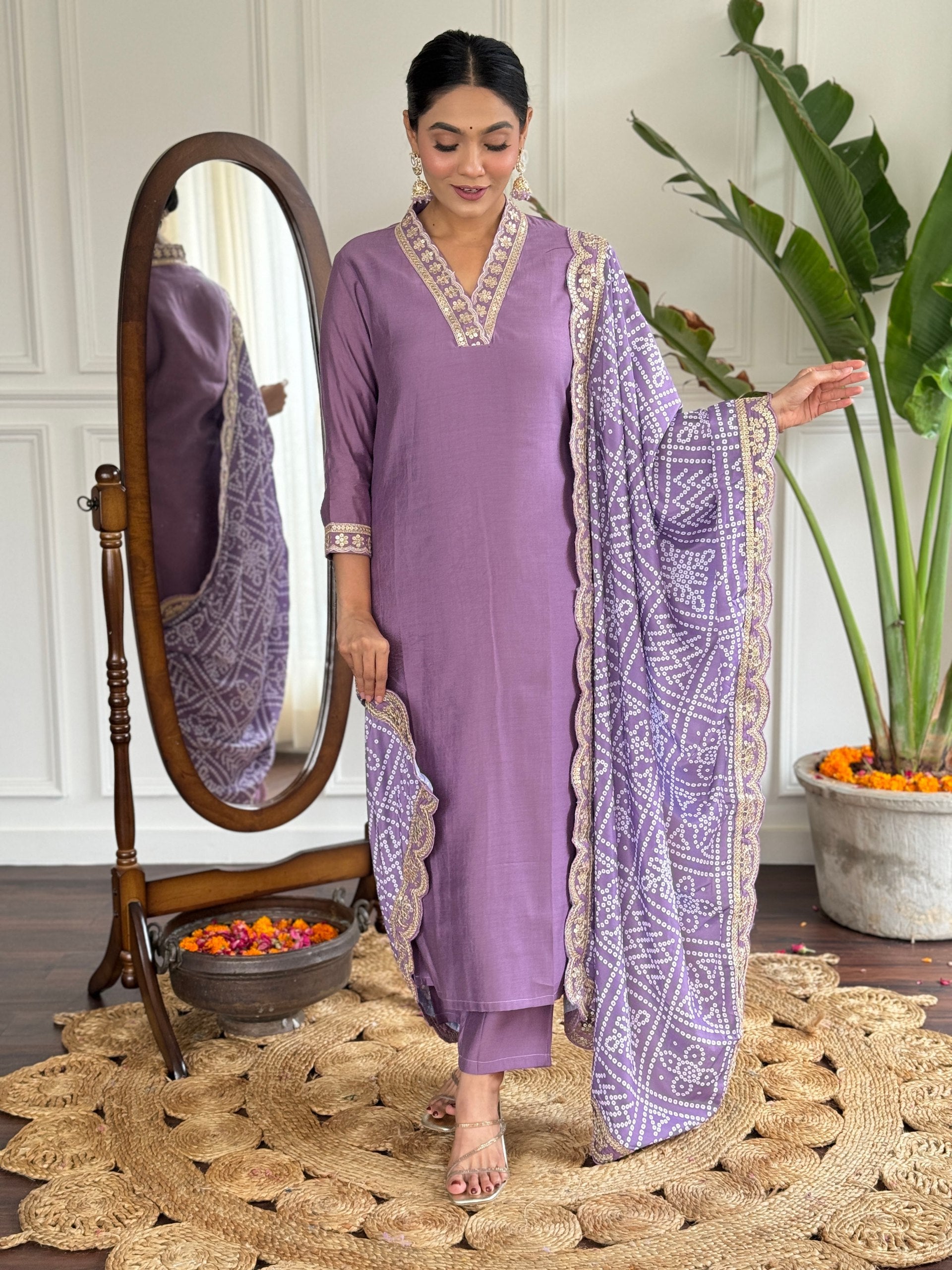 Lyush Women Party Wear Embroidery Worked Kurta With Pant And Duppata Set - Violet - Distacart