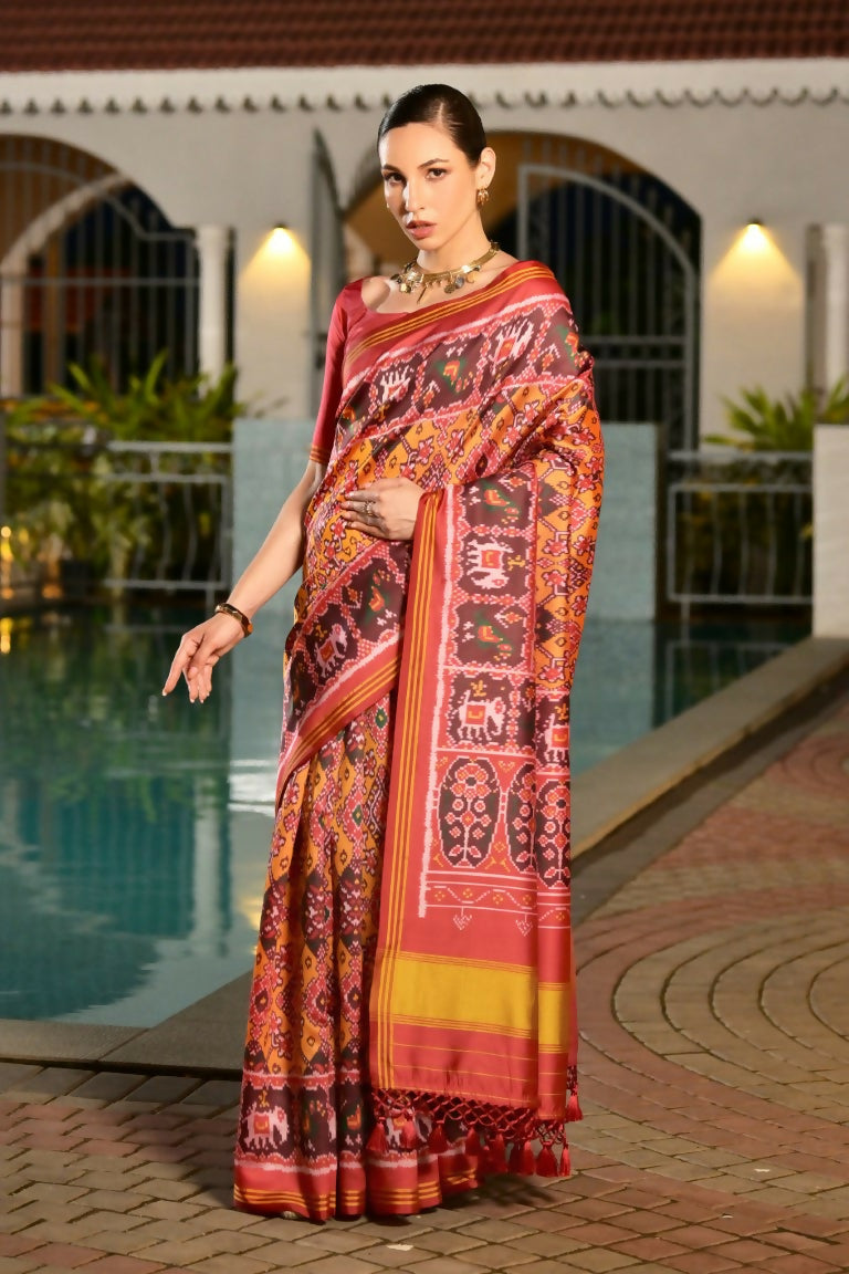 Vishnu Weaves Women's Mustard Banarasi Silk Patola Printed Saree with Blouse