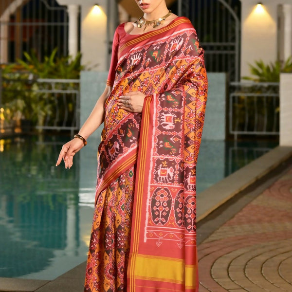 Vishnu Weaves Women's Mustard Banarasi Silk Patola Printed Saree with Blouse