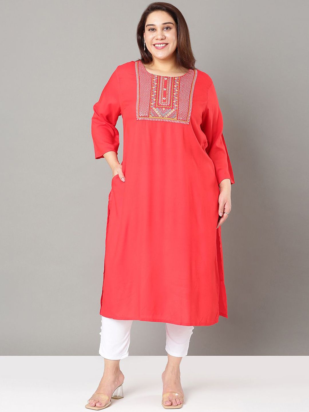 Sztori Floral Embroidered Yoke Design Sequined Straight Kurta - Distacart