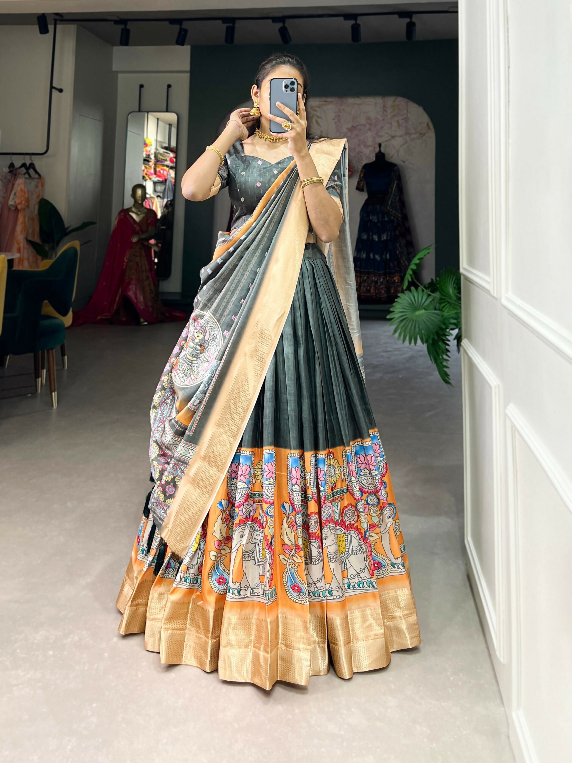 Vastranavya Kalamkari Print With Weaving Border Lehenga with Unstitched Blouse - Grey - Distacart