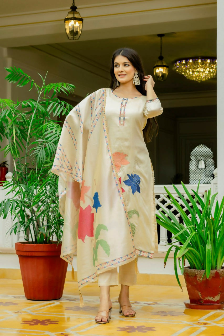 Preksha Creation Off-White Viscose Assam Silk Embroidered Beads Kurta Set With Dupatta And Pant
