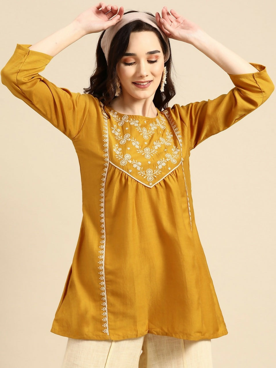 Women's Mustard Viscose blend Embroidered Short Top - Marina - Distacart