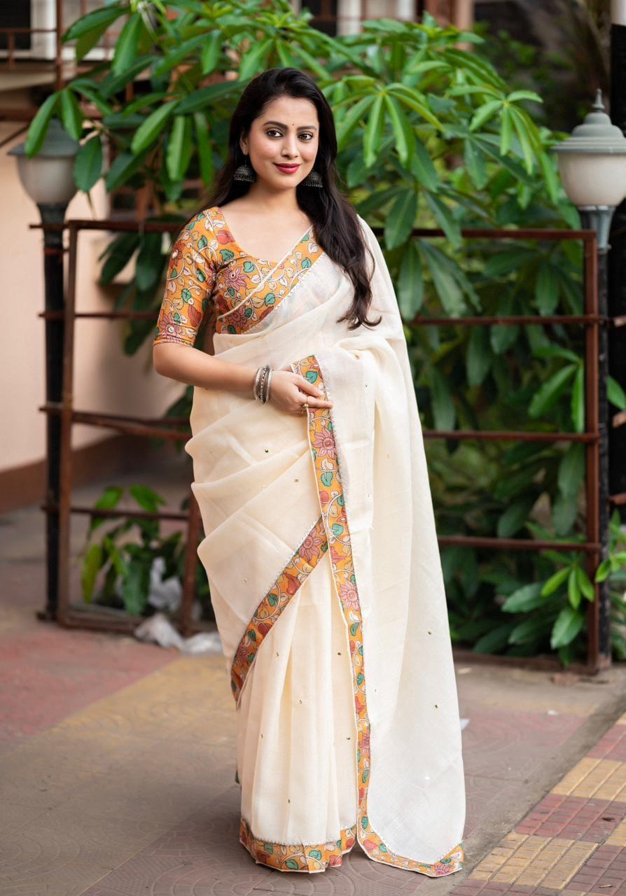 Yellow Pure Linen Ethnic Motifs Saree with Unstitched Blouse - A2M - Distacart