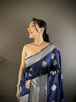 Thumbnail for Joban Fashion Navy Blue Floral Motifs Soft Silk Banarasi Saree - Distacart