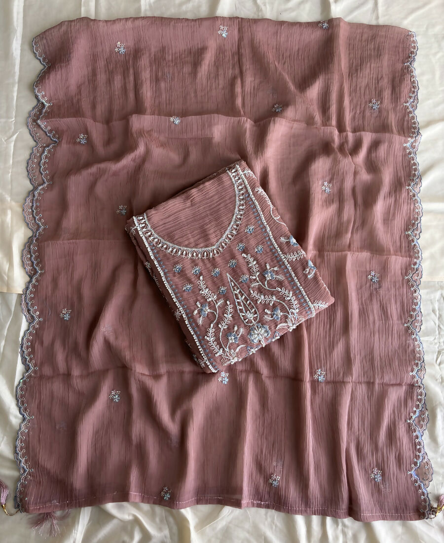 KC Beautiful Peach Chiffon Silk Hand Embroidery Suit For Women - Dista