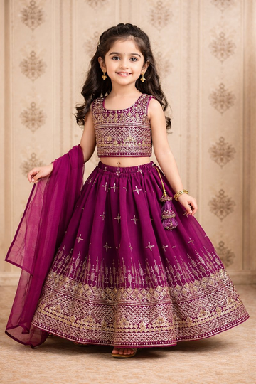 Evanik Purple Designer Georgette Embroidered Work Wedding Lehenga Choli For Kids - Dista