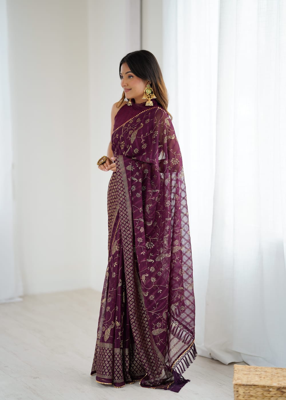 Lorenvalley Fashion Wine Solo Georgette Superb Finishing Foils Print & Fancy Zalar Lace in Border Saree with Blouse