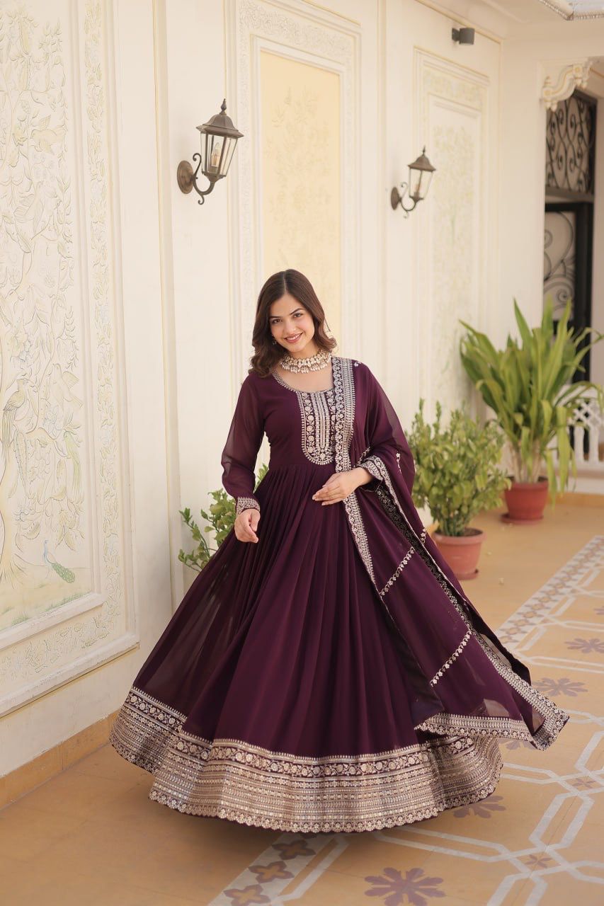 Evanik Wine Faux Blooming Gown with Dupatta With Attractive Embroidered Sequins work